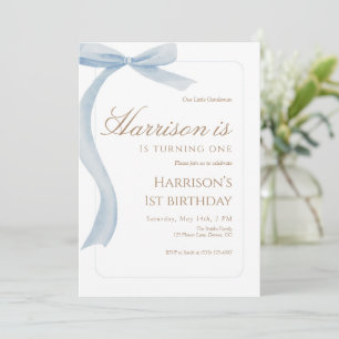 Blue Bow First Birthday Invitation Watercolor