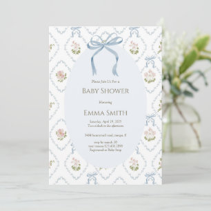 Blue Bow Floral Baby Shower  Invitation