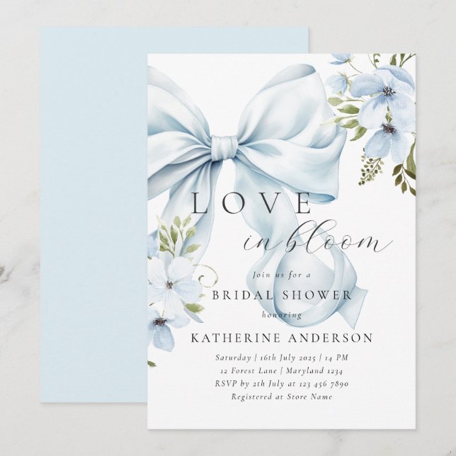 Blue Bow Floral Bridal Shower Invitation (Front/Back)