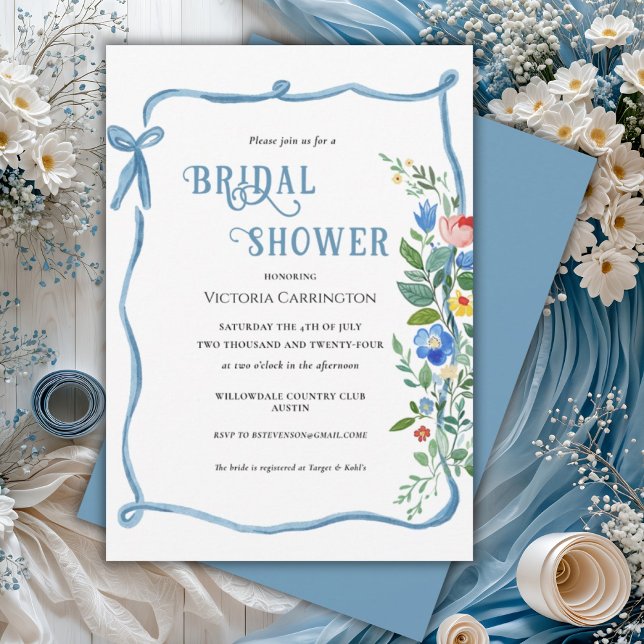Blue Bow Floral Bridal Shower Invitation (Creator Uploaded)
