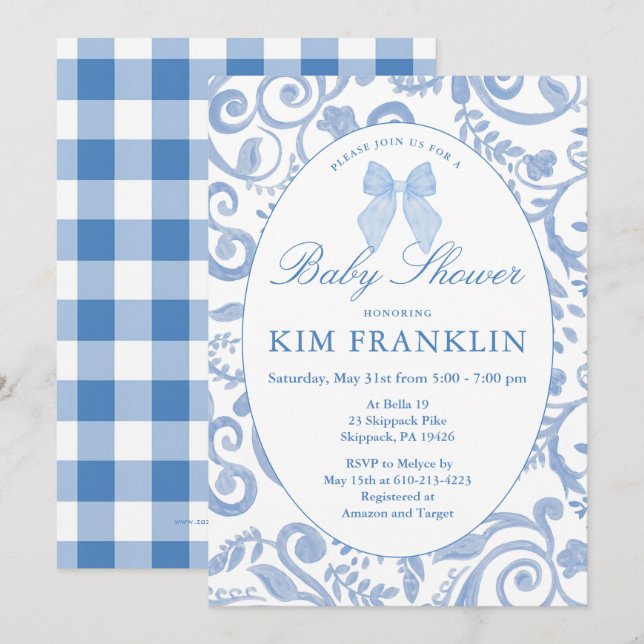 Blue Bow Floral Coquette Gingham Boy Baby Shower Invitation (Front/Back)