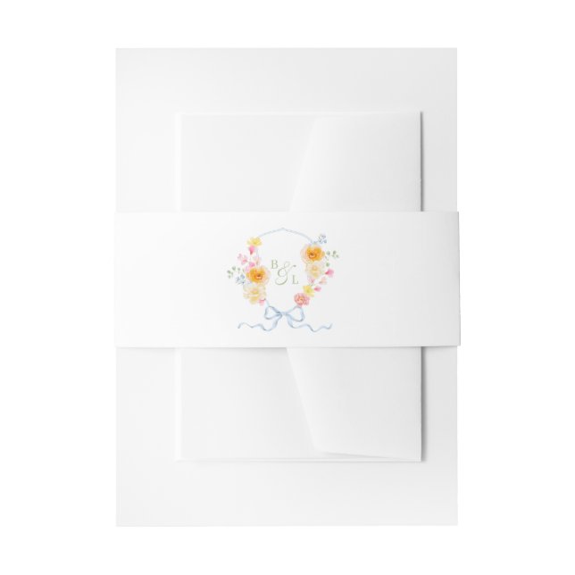 Blue Bow Floral Crest Monogram Spring Wedding Invitation Belly Band (Front Example)