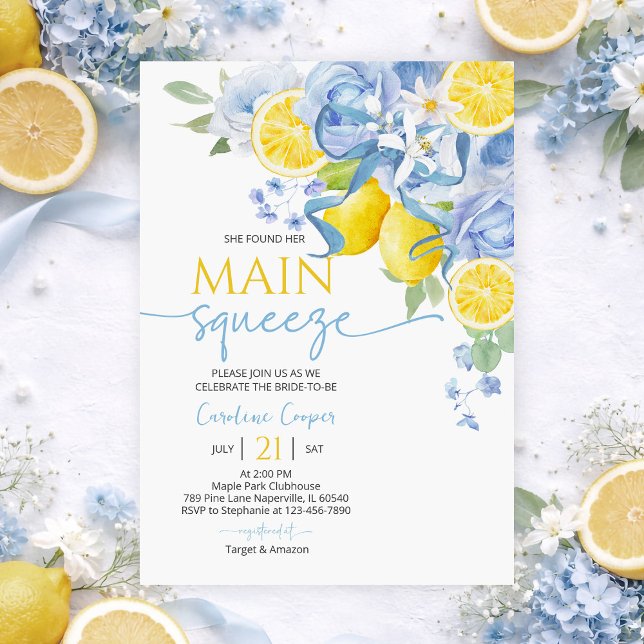 Blue Bow Floral Lemon Bridal Shower Invitation (Creator Uploaded)