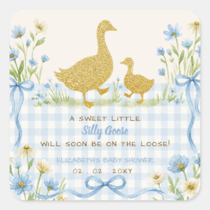 Blue Bow Floral Silly Goose Boy Baby Shower Square Sticker