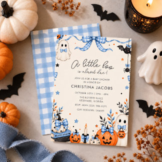 Blue Bow Ghost October Halloween Baby Shower Invitation