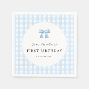 Blue Bow Gingham 1st Birthday Paper Napkins