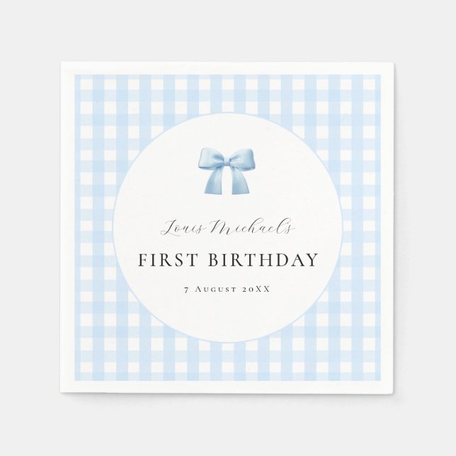 Blue Bow Gingham 1st Birthday Paper Napkins (Front)
