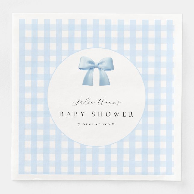 Blue Bow Gingham Baby Shower Paper Napkins (Front)
