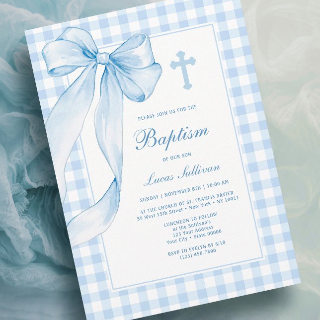 Blue Bow Gingham Baptism Invitation (Creator Uploaded)