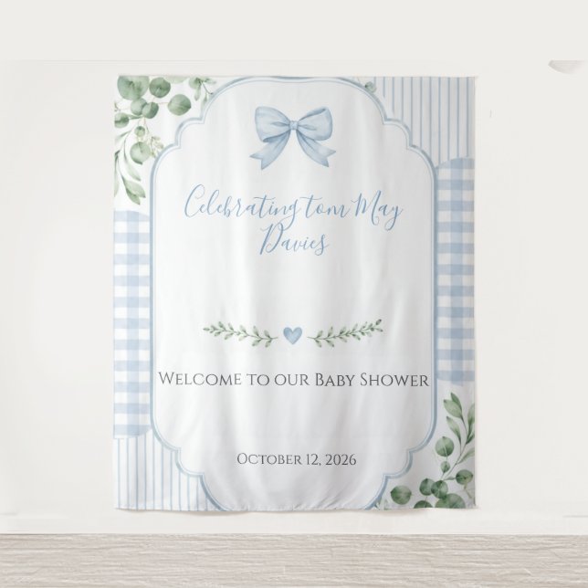 Blue Bow Gingham Greenery Baby Shower Backdrop Tapestry (Front)