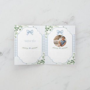Blue Bow Gingham Greenery Baby Shower Photo Thank You Card