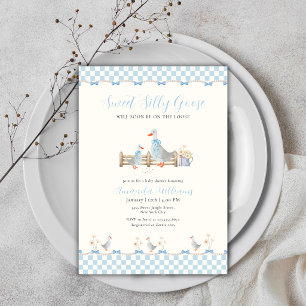 Blue Bow Gingham Preppy Silly Goose Baby Shower Invitation