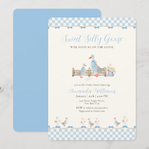 Blue Bow Gingham Preppy Silly Goose Baby Shower Invitation