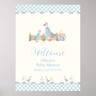 Blue Bow Gingham Silly Goose Baby Shower Welcome Poster