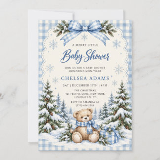Blue Bow Gingham Teddy Bear Baby Shower Party Invitation