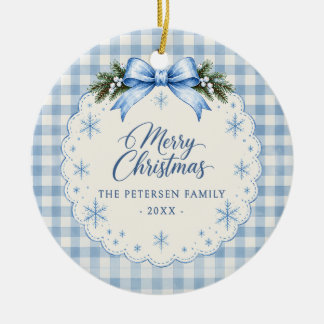 Blue Bow Gingham Teddy Bear Christmas Party Ceramic Ornament
