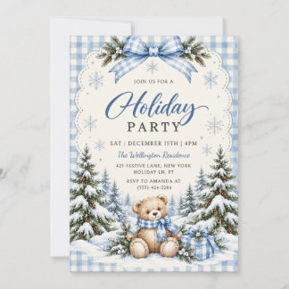 Blue Bow Gingham Teddy Bear Holiday Party Invitation