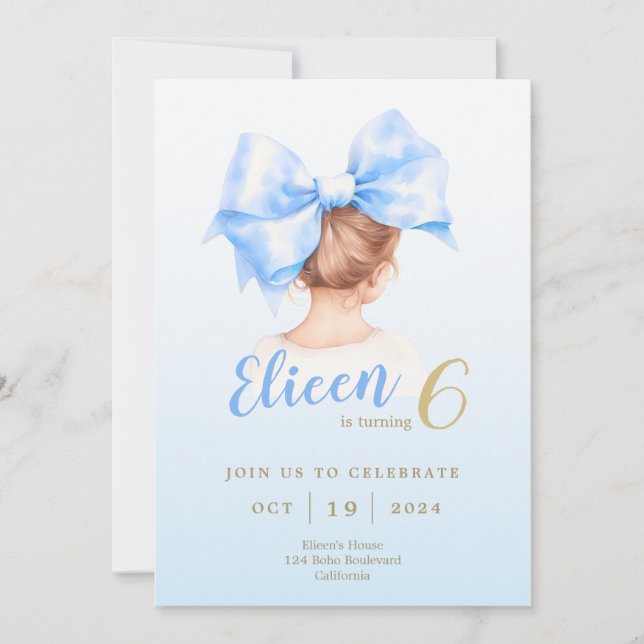 Blue Bow Girl Birthday Invite (Front)