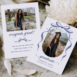 Blue Bow Graduation Open House Party Invitation
