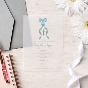Blue Bow Greek Orthodox Christening Boy Baptism Vellum Invitations