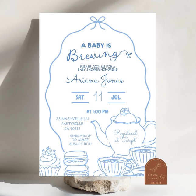 Blue Bow Hand Doodle A Baby is brewing baby shower Invitation (Creator Uploaded)