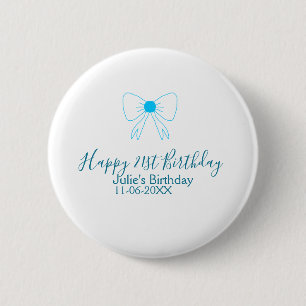 Blue bow happy 21st birthday name date girlstylish 2 inch round button