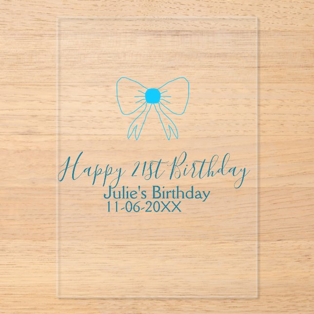 Blue bow happy 21st birthday name date girlstylish acrylic invitations (Front)
