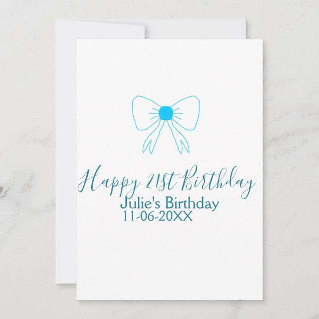 Blue bow happy 21st birthday name date girlstylish invitation (Front)