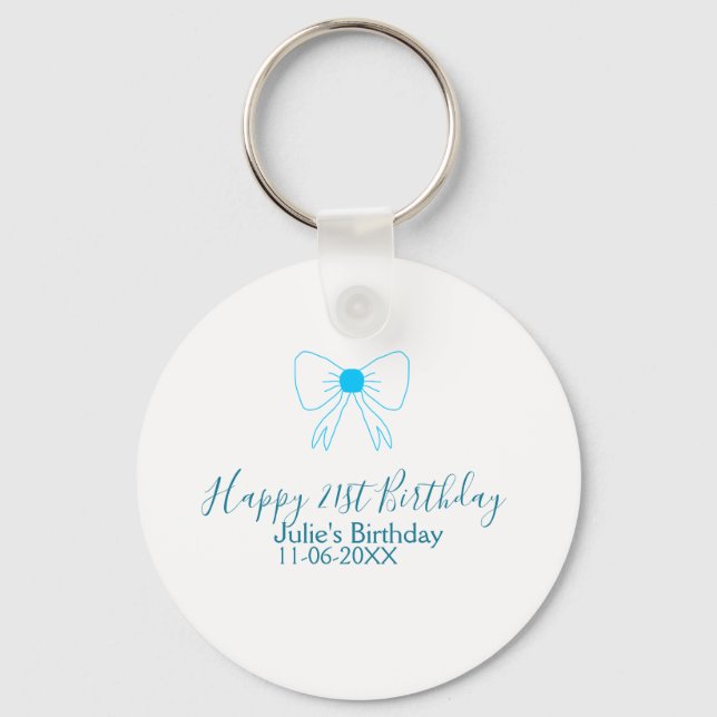 Blue bow happy 21st birthday name date girlstylish keychain (Front)
