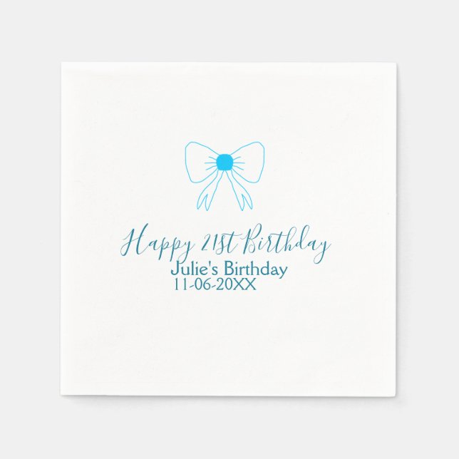 Blue bow happy 21st birthday name date girlstylish napkin (Front)