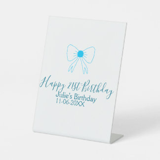 Blue bow happy 21st birthday name date girlstylish pedestal sign