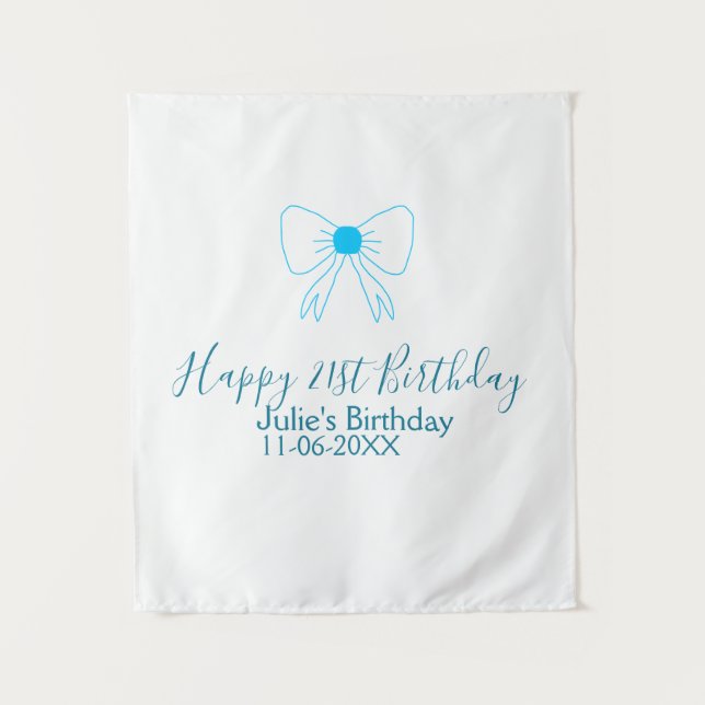 Blue bow happy 21st birthday name date girlstylish tapestry (Front)