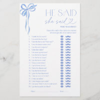 Blue Bow He Said She Said Bridal Shower Game