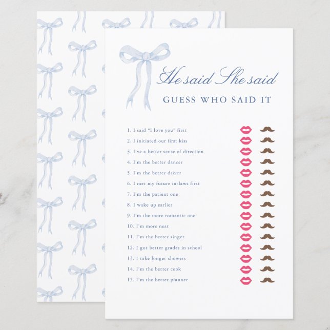 Blue Bow He Said She Said Bridal Shower Game (Front/Back)