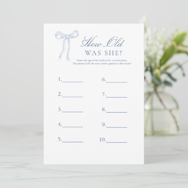 Blue Bow How Old Was She Guessing Bridal Game Invitation (Standing Front)