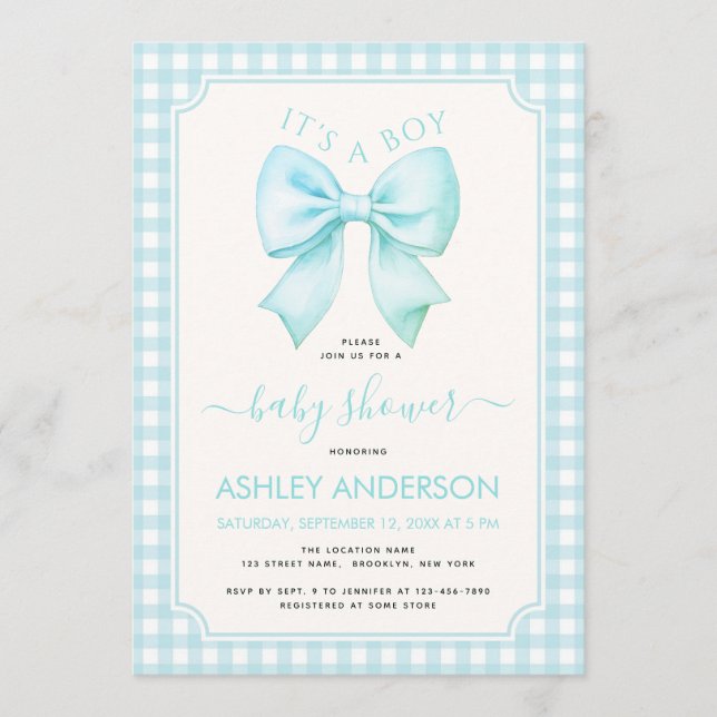 Blue Bow It's a Boy Baby Shower Gingham Plaid Invitation (Front)