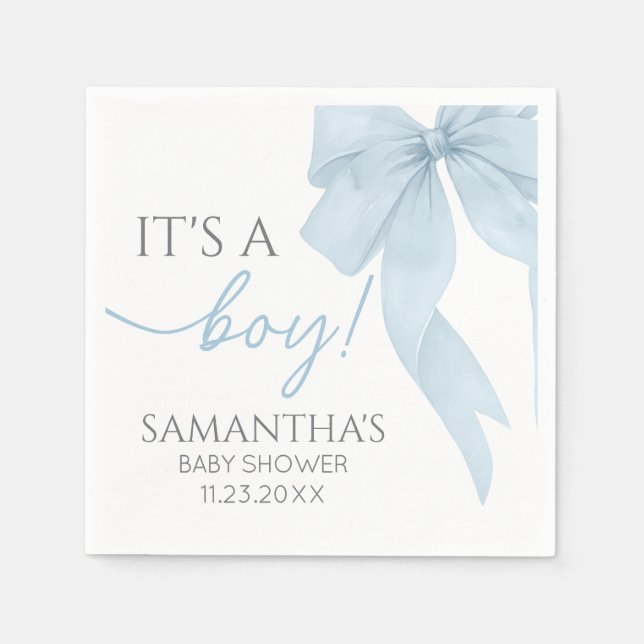 Blue Bow Its A Boy Baby Shower Napkin (Front)