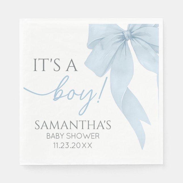 Blue Bow Its A Boy Baby Shower Napkin (Front)