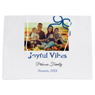 Blue bow joyful Vibes add family name photo christ Large Gift Bag