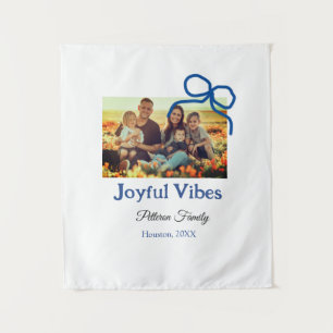 Blue bow joyful Vibes add family name photo christ Tapestry