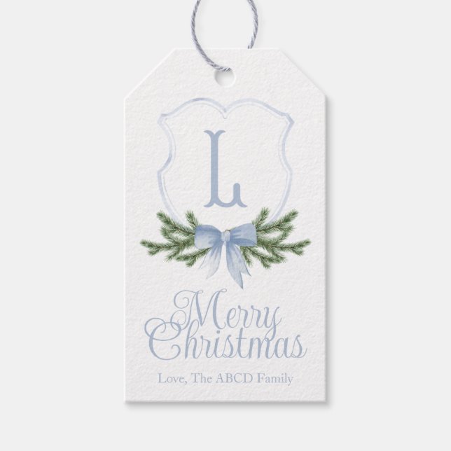 Blue Bow Merry Christmas Crest Gift Tag - L (Front)
