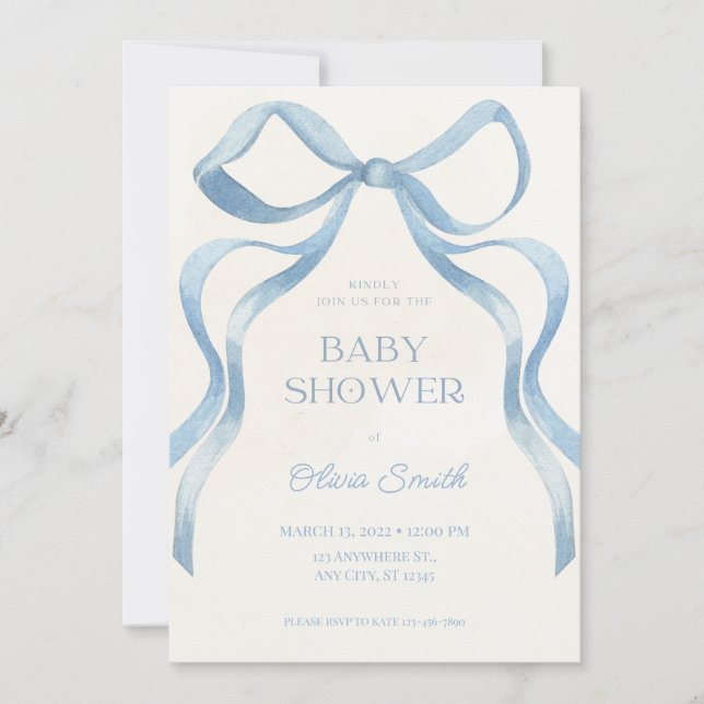 Blue Bow Minimalist Baby Shower Invitation (Devant)
