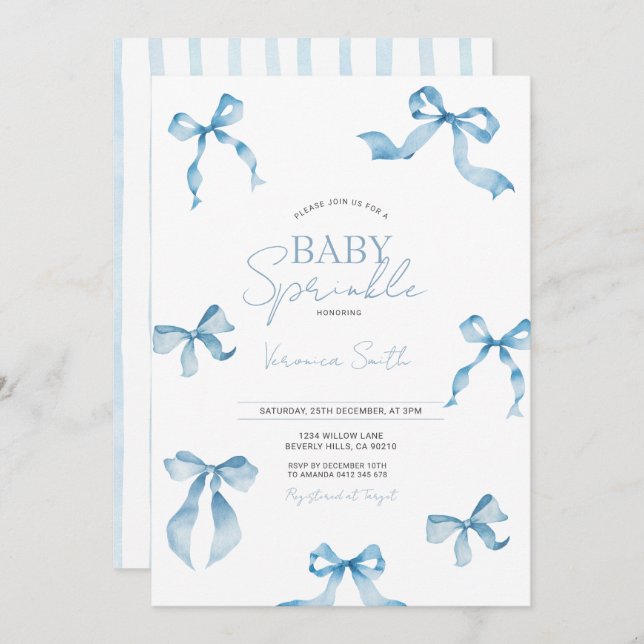 Blue Bow Modern Baby Sprinkle Invitation (Front/Back)