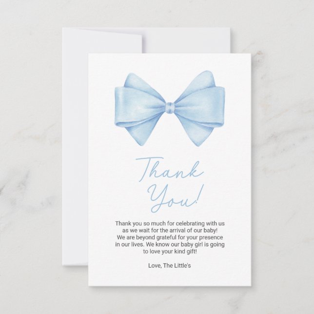 Blue Bow Modern Boy Baby Shower Thank You Card (Front)