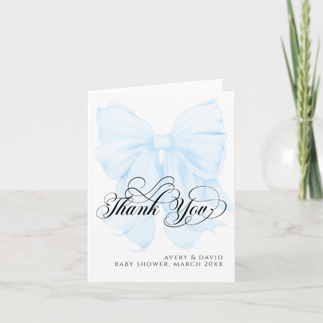 Blue Bow Modern Elegant boy Baby Shower Thank You Card (Front)