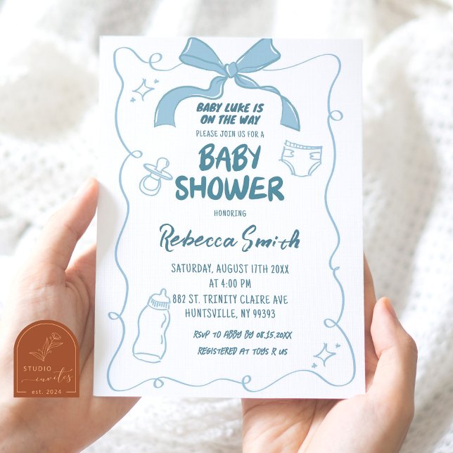 Blue Bow Modern Illustrated Boy Baby Shower Invitation (Creator Uploaded)