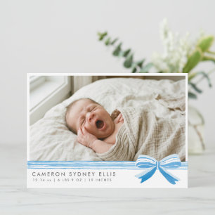 Blue Bow Modern Minimalist Script Baby Photo Birth Thank You Card
