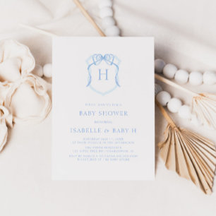Blue Bow Monogram Crest Baby Shower Invitation