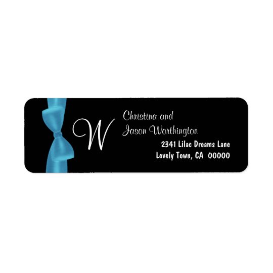 Blue Bow Monogram Wedding Black Background Return Address Label