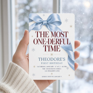 Blue Bow Most ONE-derful Time First Birthday Invitation